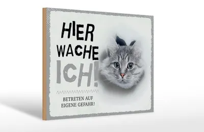 Produktbild von Holzschild Hinweis Katze hier wache ich eigene Gefahr, 30 x 20 cm, Holzschilder Tiere Achtung