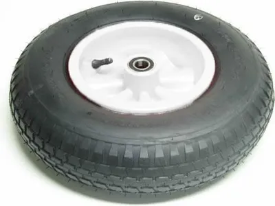 A single wheel with a black tire and a white rim, presented against a white background.