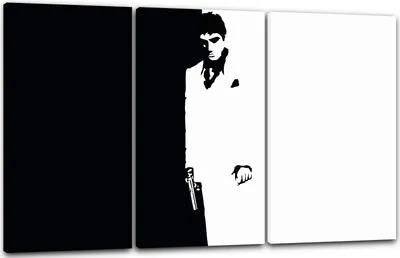 Produktbild von Leinwandbild 3-teilig (120x80cm): Filmplakat Filmmotiv Scarface Tony Montana Hintergrund schwarz-weiß, echter Holz-Keilrahmen inkl. Aufhänger, handgefertigt in Deutschland