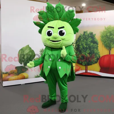 Produktbild von Maskottchenkostüm REDBROKOLY Olivenkohl mit Overall und Krawattennadeln