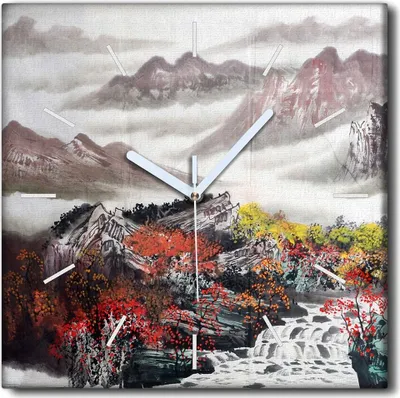 Produktbild von Coloray Uhr auf Leinwand 30x30 cm Wand Uhr Dekoration Wohnzimmer Segeltuch weiße Zeiger -Baumlandschaftsberge.