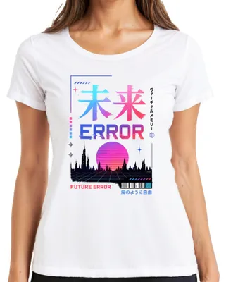 Immagine prodotto di T-shirt da donna, stile streetwear, con stampe ispirate al futuro, all'estetica giapponese, al vaporwave, al synthwave, agli anni 2000. Colore: bianco. Taglia: 3XL