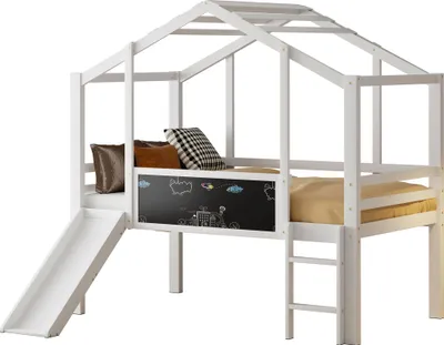 Produktbild von Kinderbett 90 x 200 cm Dachboden-Design mit Sicherheitsleiter und Sicherheitsrutsche, mit Graffiti-Tafel, Multifunktionsbett Massivholzbett Einzelbett Hochbett Weiß