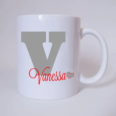 Produktbild von Namenstasse Buchstabe V, individueller Name (Grau/Rot) / Tasse / Kaffeetasse / Kaffeebecher