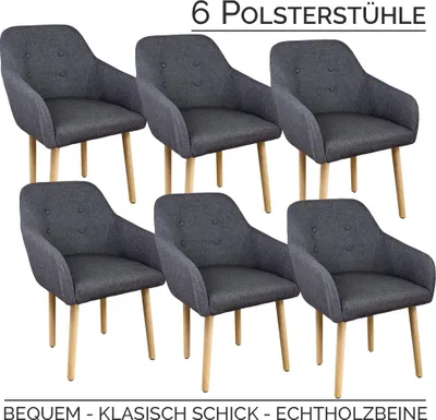 6 Stühle mit umlaufender Armlehne, Holzbeine und dunkelgrauem Stoff auf Rückenlehne, Sitzpolster und Armlehne