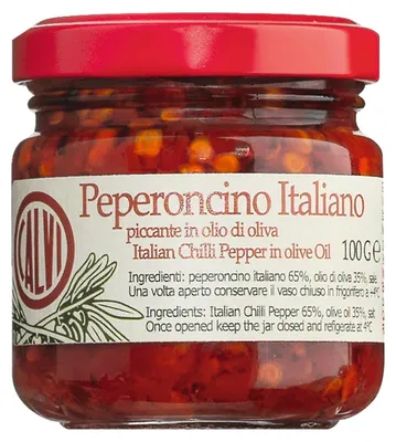Obrázek produktu pro Calvi - Pikantní chilli papričky v olivovém oleji, 100 g, sklenice. Extra pikantní přísada do těstovinových omáček, dipů, na pizzu nebo do pokrmů s kuřecím masem. Neodolatelná kombinace, která nadchne milovníky pikantních jídel