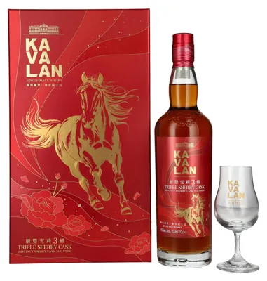Produktbild von Kavalan Triple Sherry Cask Matured Lunar Horse New Year 2026 40% Vol. 0,7l in Geschenkbox mit Nosing Glas