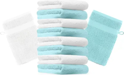 Produktbild von Betz 10 Stück Waschhandschuhe 16x21 cm PREMIUM 100% Baumwolle  Farbe: türkis und weiß