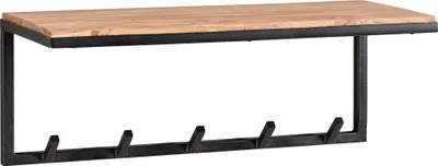 Wandgarderobe mit heller Akazie-Holzablage und schwarzem Metallgestell mit fünf Haken in Gesamtansicht.