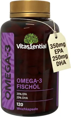Produktbild von Omega-3 Fischöl - hochdosiert (350mg EPA + 250mg DHA) mit Vitamin E - Fettsäuren für Herz, Gehirn & Augen - 120 kapseln