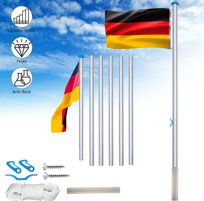 Produktbild von XMTECH Aluminium Fahnenmast 6,50m Höhenverstellbar inkl Deutschlandfahne Flaggenmast Seilzug und Stabil Bodenhülse Mast Flagge