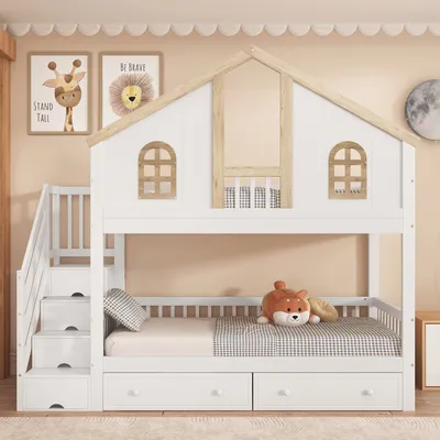 Produktbild von Flieks Etagenbett 90x200cm mit Schubladen, Kinderbett Hausbett mit Treppe, Stockbett Hochbett mit Rausfallschutz und Lattenrost, Einzelbett 2 Kinder