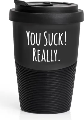 Produktbild von Pechkeks Misfortune Cookies Kaffee Thermobecher to go Porzellan mit Deckel, Spruch "YOU SUCK", Größe 300ml, matt schwarz