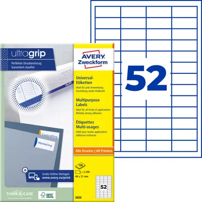 Produktbild von Avery Zweckform 3650, Universal-Etiketten, A4, Qualitätsdruck mit: ultragrip, 48 x 21 mm, 5.200 Etiketten / 100 Bögen, weiß