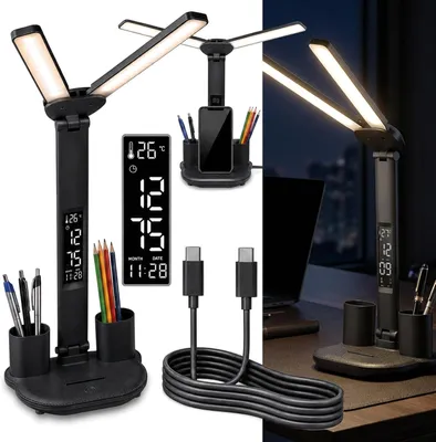 Produktbild von LUMILED Dual Arm LED Schreibtischlampe Dimmbar 3 Lichtfarben Display mit Uhr Datum Temperatur USB-C Handyhalter Stiftehalter Schwarz Tischlampe Leselampe Schreibtischlampen für Kinder Home Office