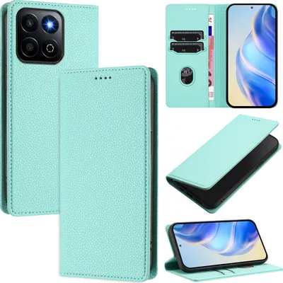 Immagine prodotto di Custodia in pelle per Honor 200 Smart, pelle Litschi, custodia a portafoglio con slot per carte e supporto Turchese