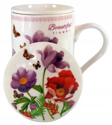 Zdjęcie produktu dla Kubek Z Zaparzaczem Ceramicznym I Pokrywką Zaparzacz W Kwiaty 320Ml Prezent