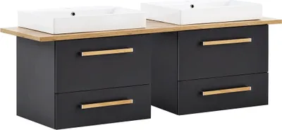 Produktbild von Doppelwaschtisch 165cm inkl. Keramikbecken DABO-04 in anthrazit mit Landhaus-Eiche, B/H/T: 165,2/61,5/50 cm