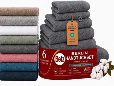Produktbild von Betz Berlin Handtuch-Set 6 -teilig – 100% Baumwolle –® -Duschtücher, Handtücher, Gästetücher, Seiftuch, Waschhandschuhe-dunkelgrau
