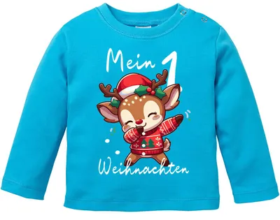 Produktbild von Baby Langarmshirt Mein 1. Weihnachten Weihnachtsoutfit Spruch Grinch Rentier Jungen Mädchen Longsleeve Moonworks® Dabbing Rentier türkis 68/74 (4-9 Monate)