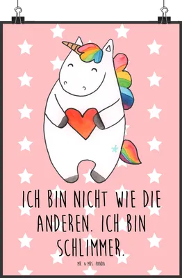Produktbild von Mr. & Mrs. Panda Bild Einhorn Herz DIN A2 - Rot Pastell - Geschenk, Lustig, drucke, Freundin, Wanddekoration, wanddeko, Wandbild, Plakat, Anders, böse, Unicorn