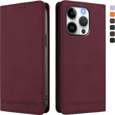 Obrázek produktu pro Pouzdro pro iPhone 15 Pro, retroPolyuretankožené flip pouzdro s stojánkem a přihrádkami na karty Červený