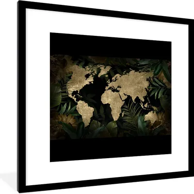 Produktbild von MuchoWow® MuchoWow® Gerahmtes Poster Weltkarte - Gold - Blätter 40x40 cm - Poster mit zchwarzem Bilderrahmen - Poster - Plakat im Rahmen