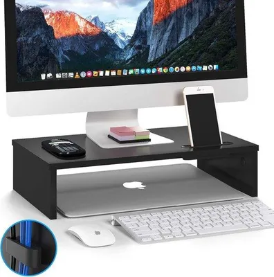 Imagen del producto de Soporte de madera ergonómico para monitor de ordenador y portátil - Soporte para teléfono móvil con gestión de cables - color