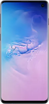 A Samsung Galaxy S10 smartphone with a colorful wallpaper displayed on the screen.