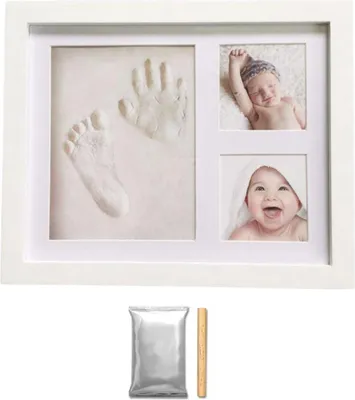 Produktbild von Jumada's – Umstandsgeschenk Junge/Mädchen: Baby-Fotorahmen – mit Tonabdruck Fuß und Hand (Gipsabdruck Baby) – Babyparty – Umstandspaket/Geburtsgeschenk – Babyartikel