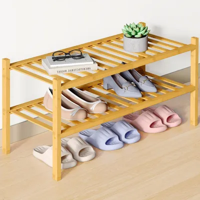 Image de Étagère à chaussures en bambou, 2 niveaux, empilable, couleur naturelle