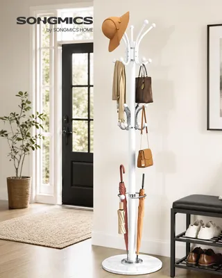 Produktbild von SONGMICS Garderobenständer mit Schirmständer und Marmorfuß, 18 Haken, Drehbares Oberteil, 38 x 38 x 178 cm, Weiß
