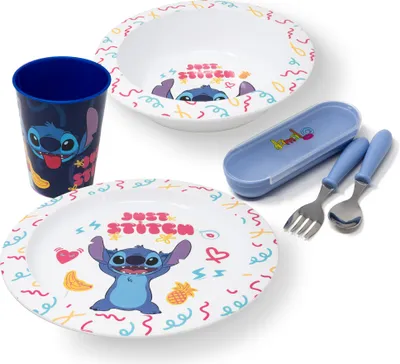 Produktbild von Kindergeschirr Set Stitch - Kinder Geschirr Set mit Teller, Schüssel, Becher & Besteck - Steckanschlussy Geschirrset für Jungen & Mädchen - BPA frei