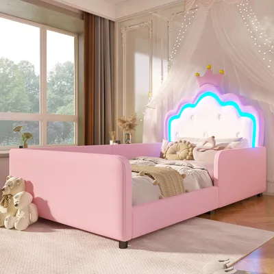 Produktbild von Flieks Kinderbett 90x190cm mit Kopfteil in Kronenform, Polsterbett mit Led, Kinder Schlafsofa Einzelbett mit Rausfallschutz und Lattenrost, PU, Rosa