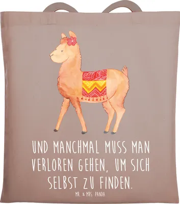 Produktbild von Mr. & Mrs. Panda Jutebeutel Alpaka Stolz - Braun Pastell - Geschenk, einkaufsshopper, Lama, Laptoptasche, Stoffbeutel, Schultasche, Tote Bag, Tasche