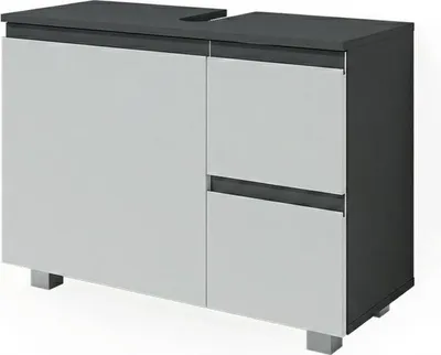 A modern bathroom vanity cabinet with a sink cutout on top, shown against a white background.