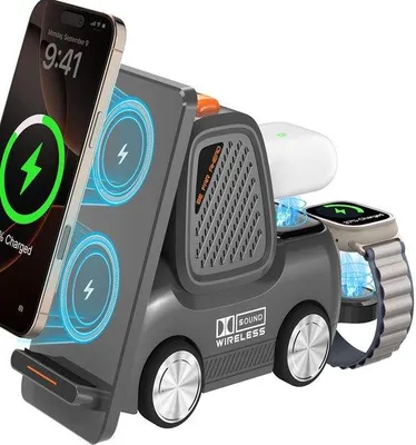 Zdjęcie produktu dla Bezprzewodowa stacja ładowania z głośnikiem Bluetooth, 4-w-1: bezprzewodowa szybka ładowarka do wielu urządzeń