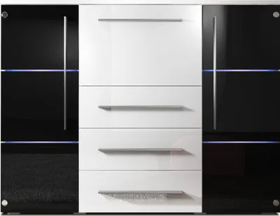 Produktbild von Kommode, BARY, Schrank , LED Beleuchtung, Schubladenkommode mit Türen (Seitentüren (Glas) Schwarz + Mitte Weiß)