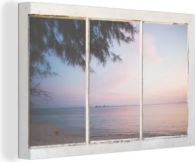 Zdjęcie produktu dla OneMillionCanvasses® - Obraz na płótnie - 140x90 cm, Widok - Palma - Morze, - Otwarte okno - Widok z okna Sypialnia Art Print Dekoracja ścienna - Zdjęcie na płótnie - Obraz na drewnianej ramie