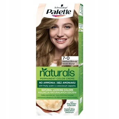 A box of Schwarzkopf Palette Naturals hair dye, featuring a model with the hair color.