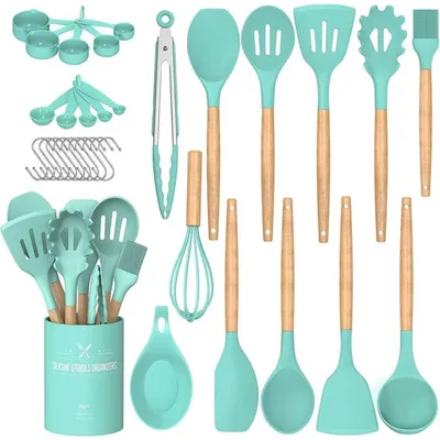 Image de Ensemble d'ustensiles de cuisine, 33 pièces, en silicone, avec manches en bois, de couleur verte, antiadhésif et résistant à la chaleur