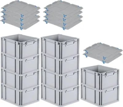 Produktbild von SparSet 10x Eurobox NextGen Economy mit Auflagedeckel und 4x Schiebeschnappverschlüsse Blau | Griffe geschlossen | HxBxT 22x30x40cm | 20 Liter | Eurobehälter, Transportbox, Transportbehälter, Stapelbehälter