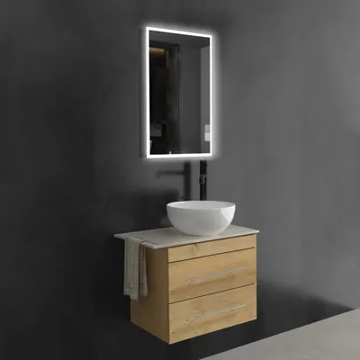 Produktbild von Alpenberger Badmöbel Set mit Spiegel 60 cm | Gäste WC Waschbecken mit Unterschrank und Keramik Aufsatzwaschbecken | Keramikplatte