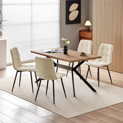 Image de Ensemble de salle à manger comprenant une table et 4 chaises, dimensions 140x80x73 cm. Finition imitation bois foncé, assises en lin beige