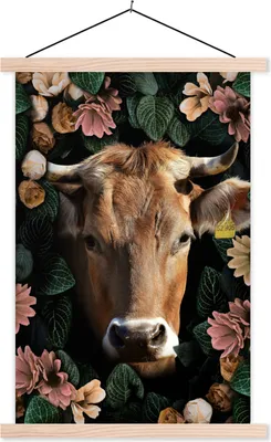 Produktbild von MuchoWow® Textilposter Kuh - Tiere - Blumen 40x60 cm mit holzfarbenen Rahmen - Poster