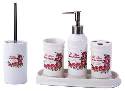 Produktbild von Landhaus Vintage BADSET Rosen Badezimmer ZUBEHÖR Set: (5er Set) Seifenspender, Zahnputzbecher, Kosmetikeimer, WC Bürste, Seifenschale, Mülleimer