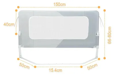 Produktbild von Bettgitter Kinder - Rausfallschutz - 150 cm - Klappbar - Höhenverstellbar 66–80 cm - Trapezfüße - Befestigungsgurte - Metallrahmen