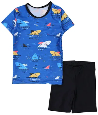 Produktbild von Aquarti Baby Jungen Bade-Set Zweiteiliger Kinder Badeanzug T-Shirt Badehose UV-Schutz, Farbe: Haie Orange Schwarz Blau Dunkelblau, Größe: 80