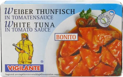Produktbild von Vigilante Bonito Weißer Thunfisch in Tomatensauce 76g