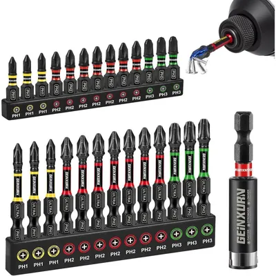 Productafbeelding van 27-delige schroefbitset met 25 mm en 50 mm bits, type PH1/PH2/PH3, slagvast, magnetisch, gemaakt van S2-staal, met een 60 mm bithouder